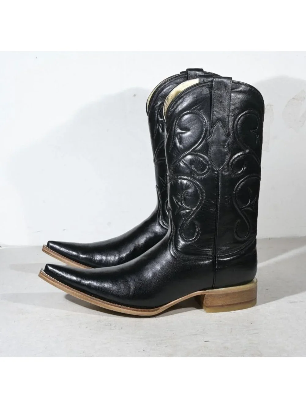 Vintage Black Leather Cowboy Boots Deadstock New in Box Embroidered Shaft Men's - Picture 2 of 7